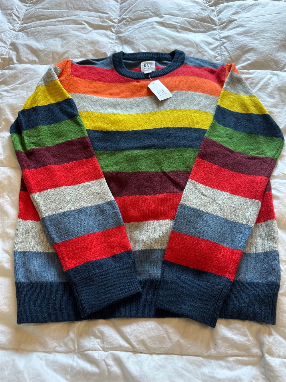 GAP Boys Rainbow Stripe Crewneck Sweater - Red, Navy, Green, Yellow, Gray